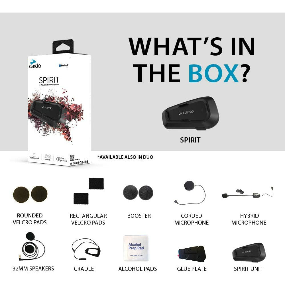 CARDO SYSTEMS SPIRIT MOTORCYCLE BLUETOOTH COMMUNICATION HEADSET - BLACK, SINGLE PACK CO : 453931