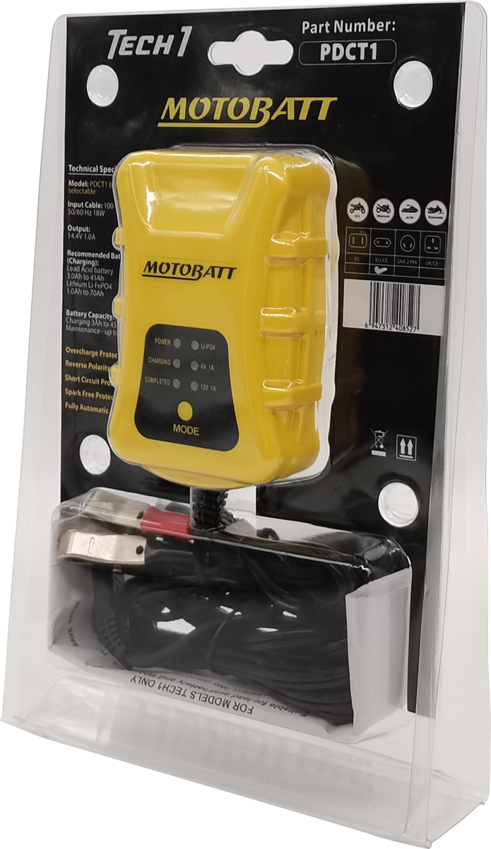 PDCT1 Motobatt Tech 1 6V/12V Lead Lithium 1.0 Amp Charger CO:32555