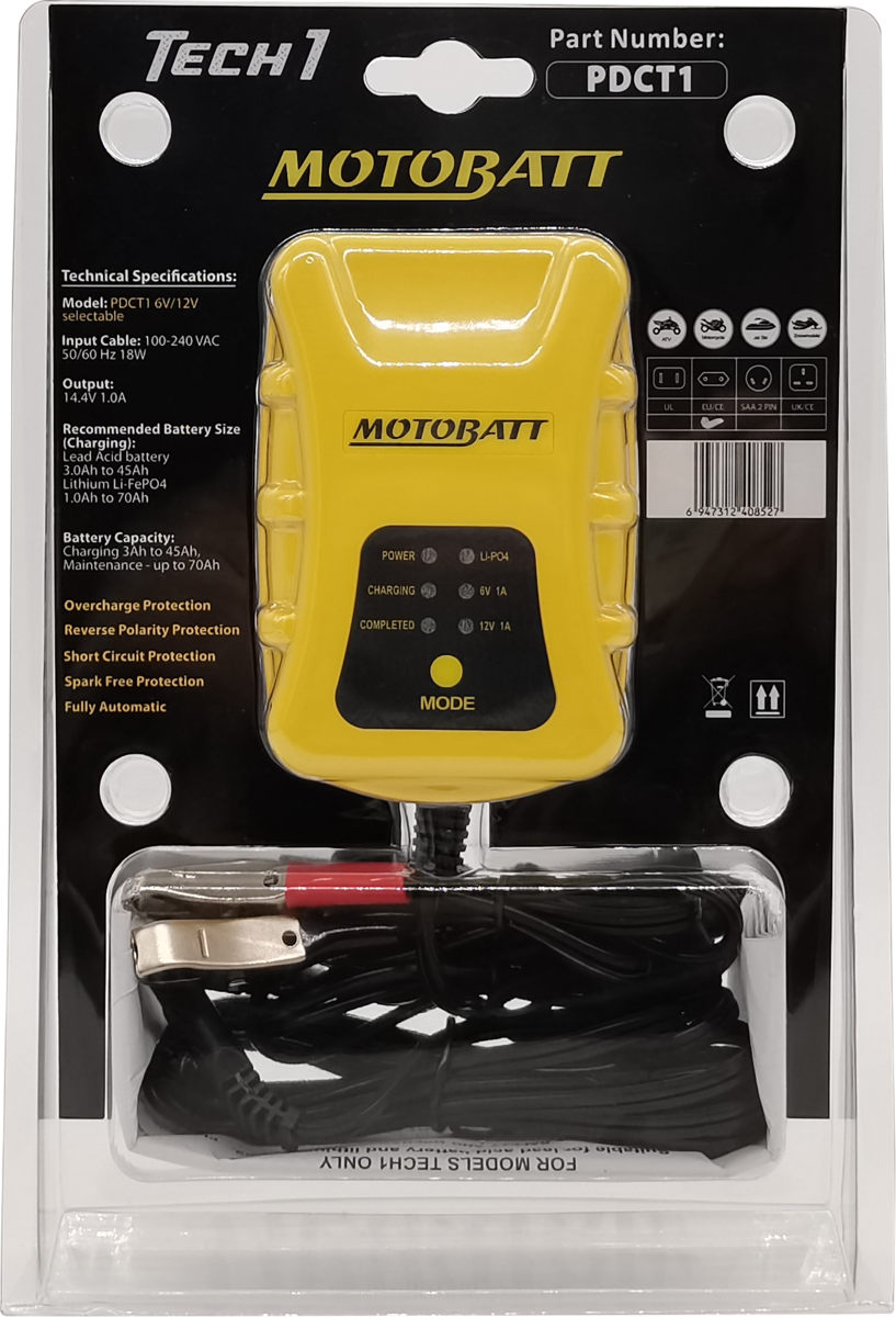 PDCT1 Motobatt Tech 1 6V/12V Lead Lithium 1.0 Amp Charger CO:32555