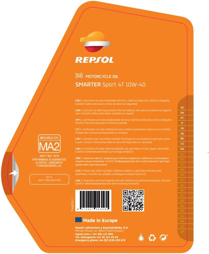 REPSOL SMARTER SPORT 4T 10W-40 4L Semi-Synthetic Motorcycle Lubricant Oil CO: 31978
