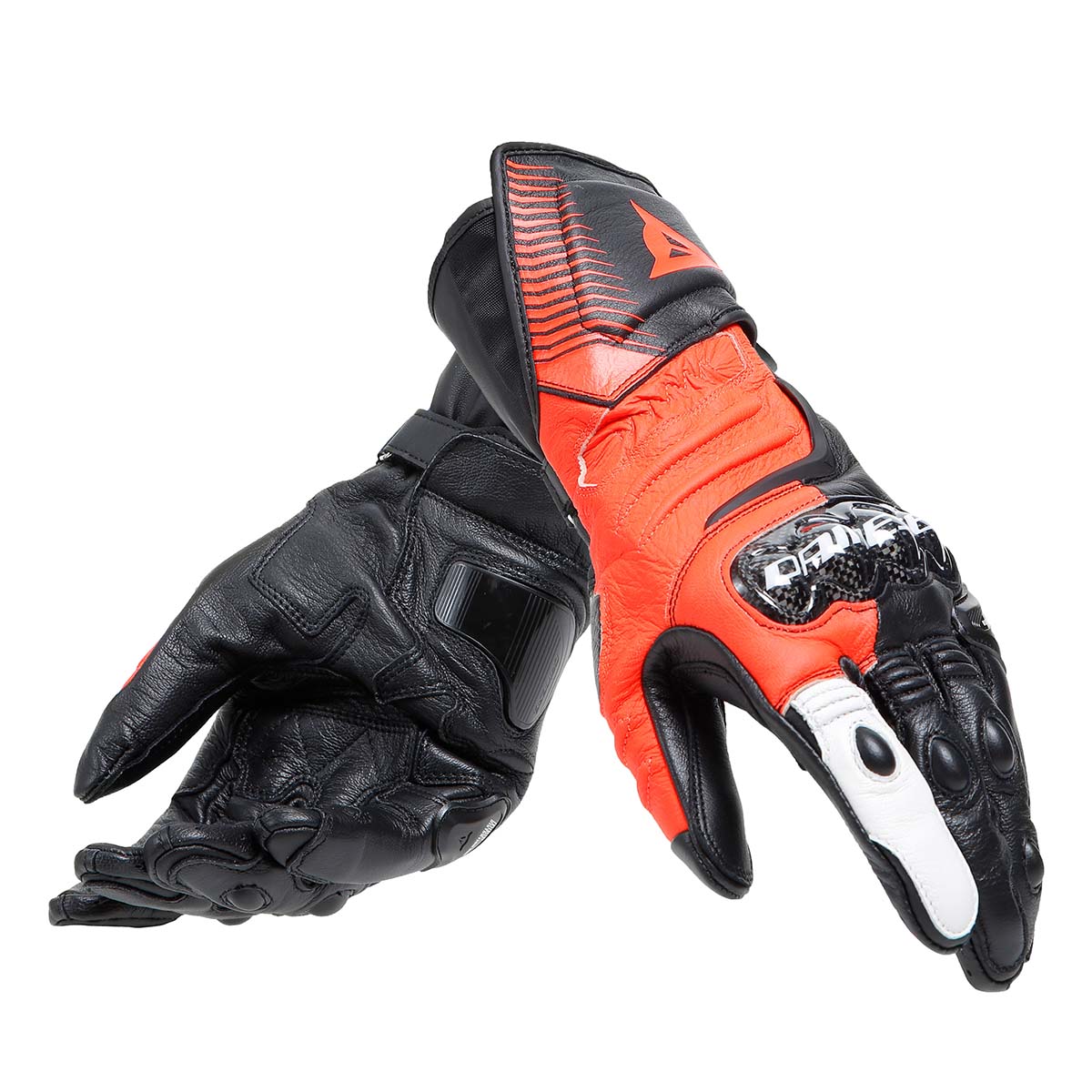 CARBON 4 - MEN'S MOTORCYCLE LONG LEATHER GLOVES-BLACK/FLUO-RED/WHITE CO: 614